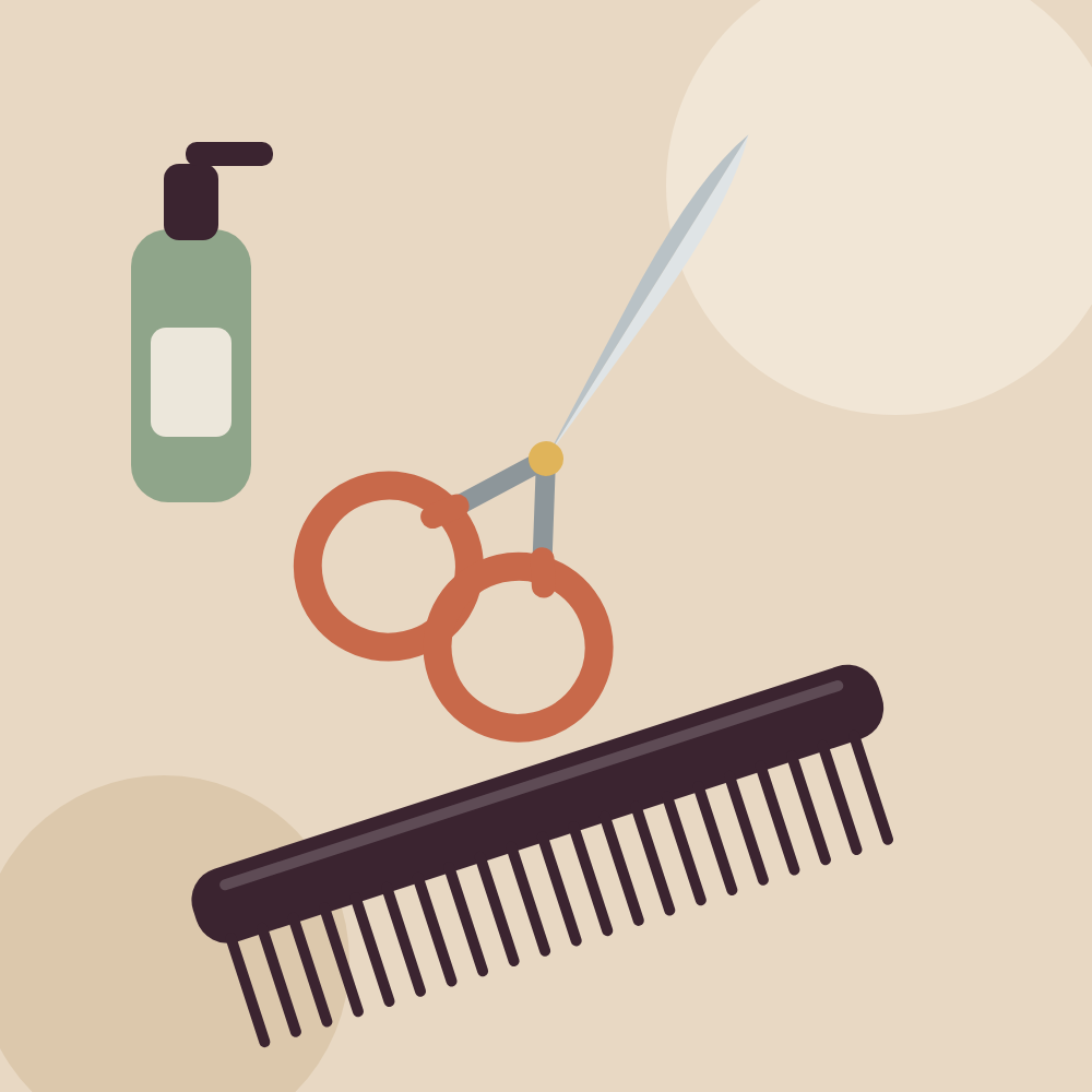 Illustration of scissors, a comb and a spray bottle