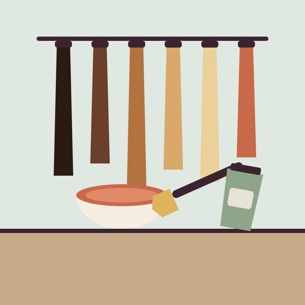 Illustration of hair colour swatches, a mixing bowl and brush